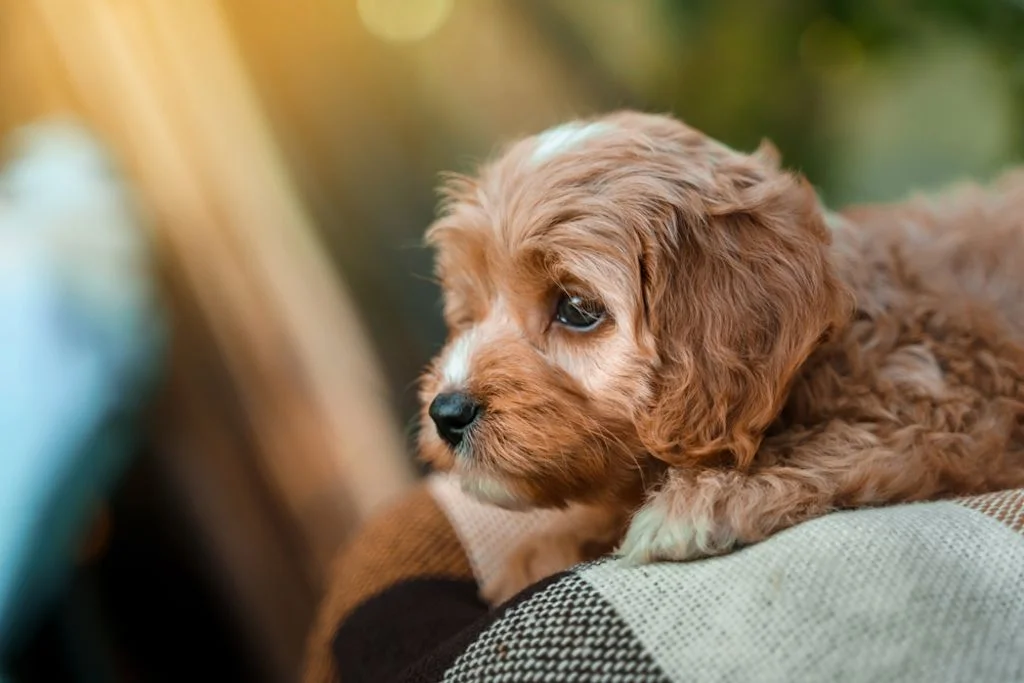 Kleiner Hund ruht entspannt auf einer Decke