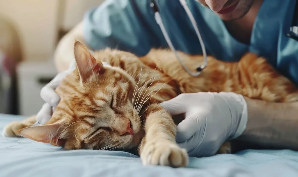 Tierarzt, der einer Tabby-Katze eine Injektion verabreicht