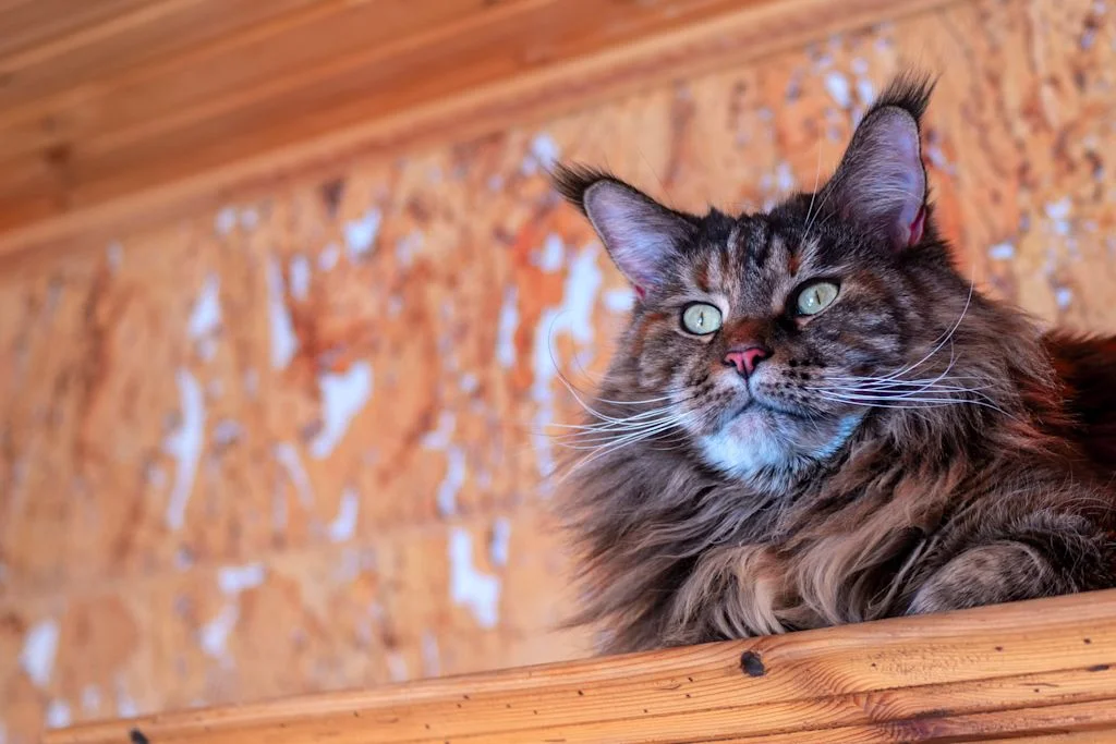 Nahaufnahme einer Maine Coon mit grünen Augen, die entspannt auf einem Schrank sitzt
