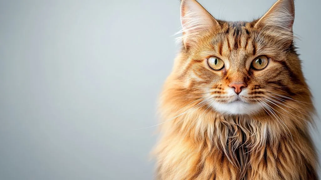 Nahaufnahme einer rötilichen Maine-Coon-Katze, die den Betrachter freundlich anblickt.