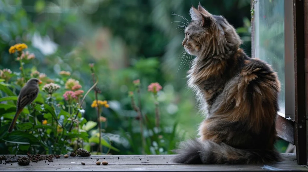 Portrait einer dunklen Maine Coon, die aufmerksame einen Vogel und den Garten beobachtet.