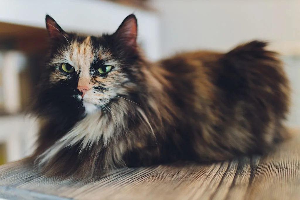 Zweifarbige Katze liegt auf Regal